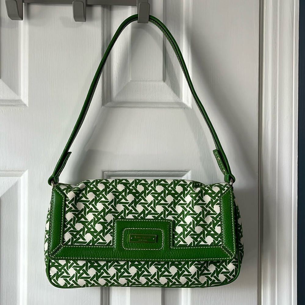 Kate Spade Tess Keswick Shoulder Bag Purse Green/White Geometric Pattern Canvas